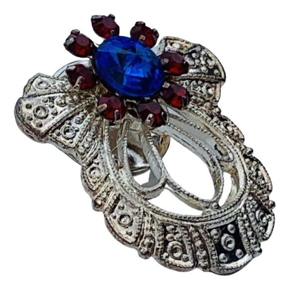 Vintage Jane Blue Red Icy Rhinestone Angel Brooch Pin 1" Silver Tone Filagree - Picture 9 of 12